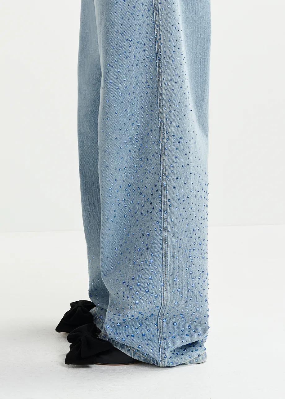 Light blue rhinestone-adorned high-rise wide-leg jeans