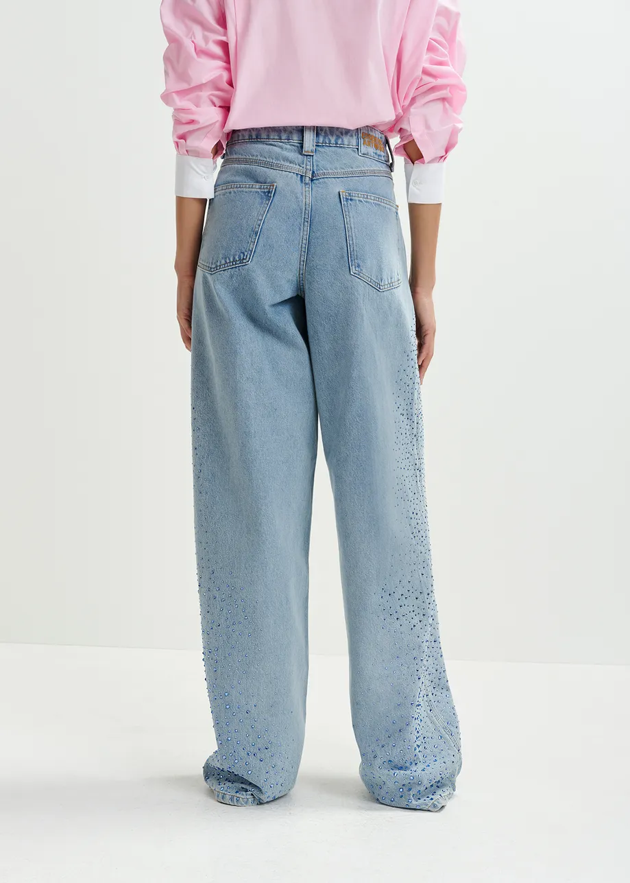 Light blue rhinestone-adorned high-rise wide-leg jeans