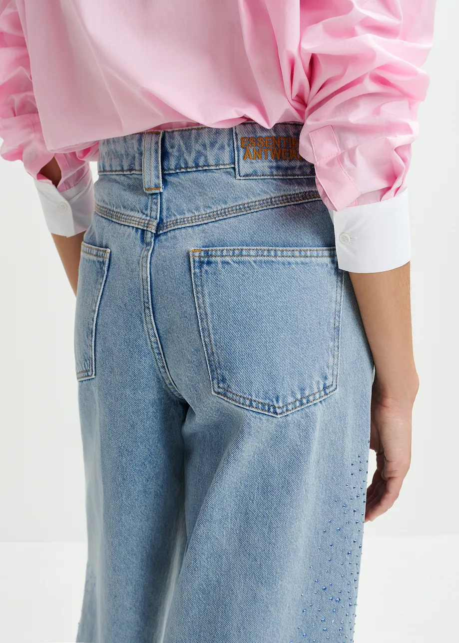 Light blue rhinestone-adorned high-rise wide-leg jeans