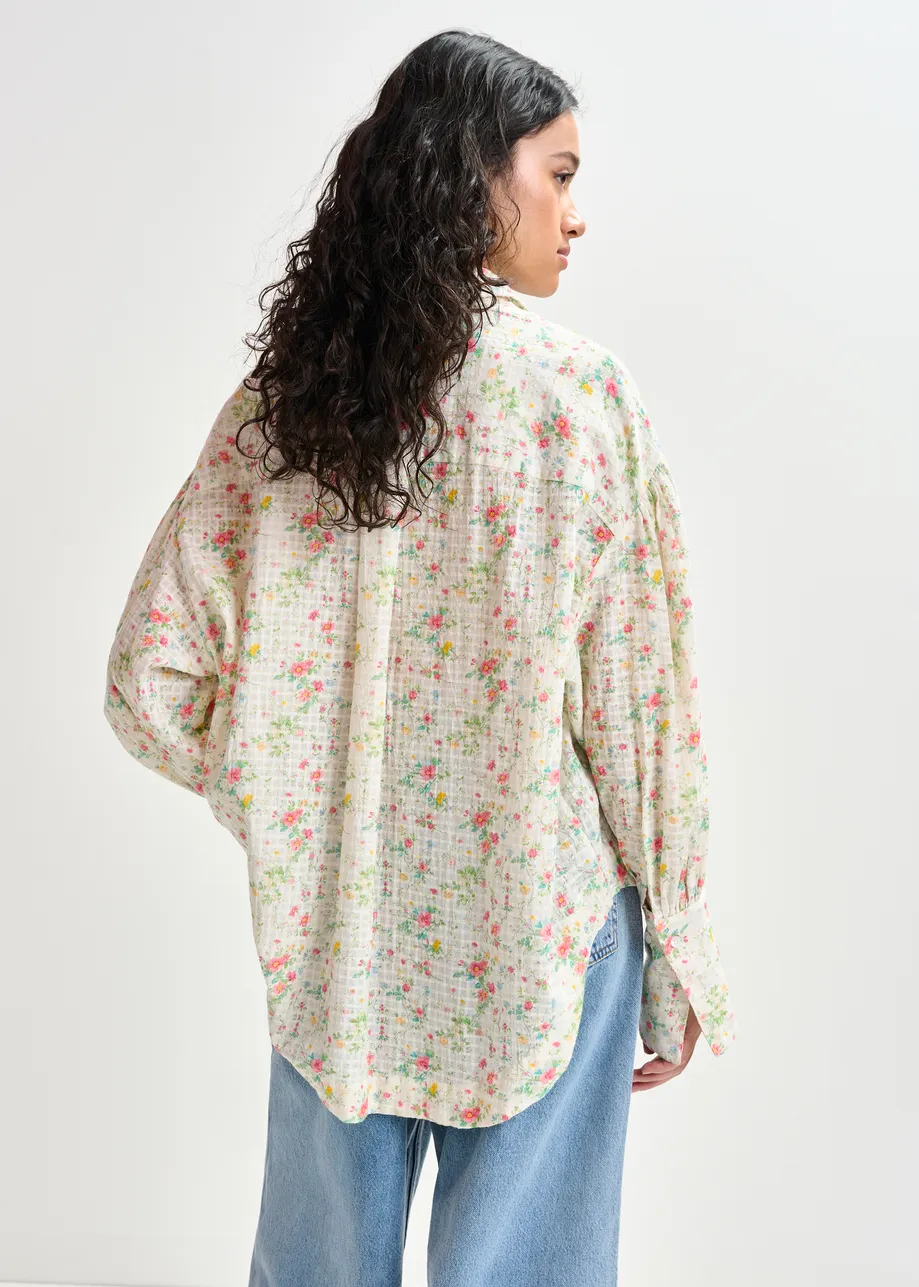 Off-white, pink and green floral-print shirt