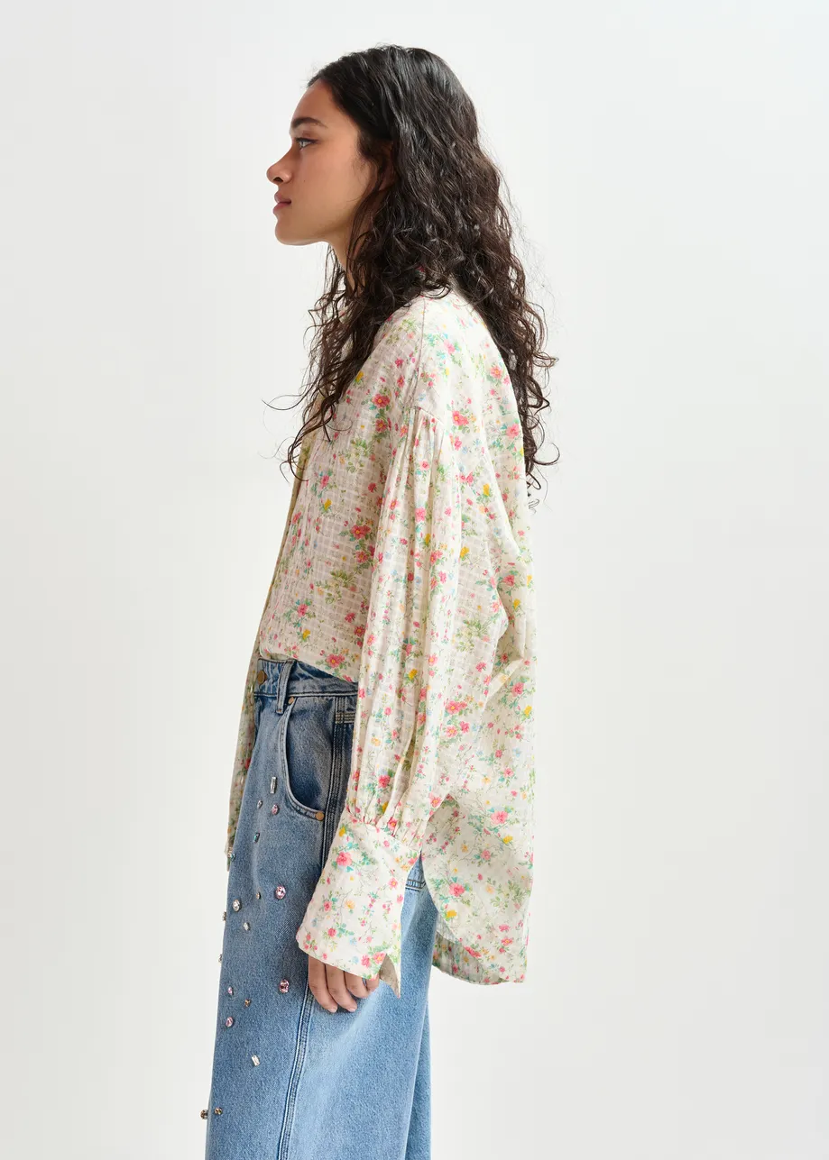 Off-white, pink and green floral-print shirt