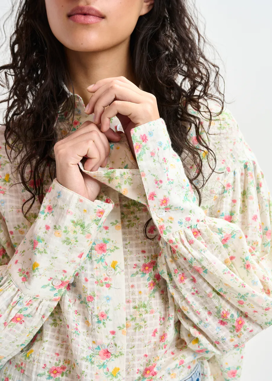 Off-white, pink and green floral-print shirt