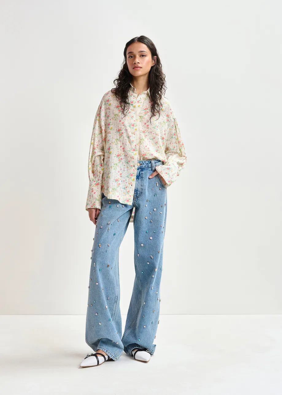 Off-white, pink and green floral-print shirt