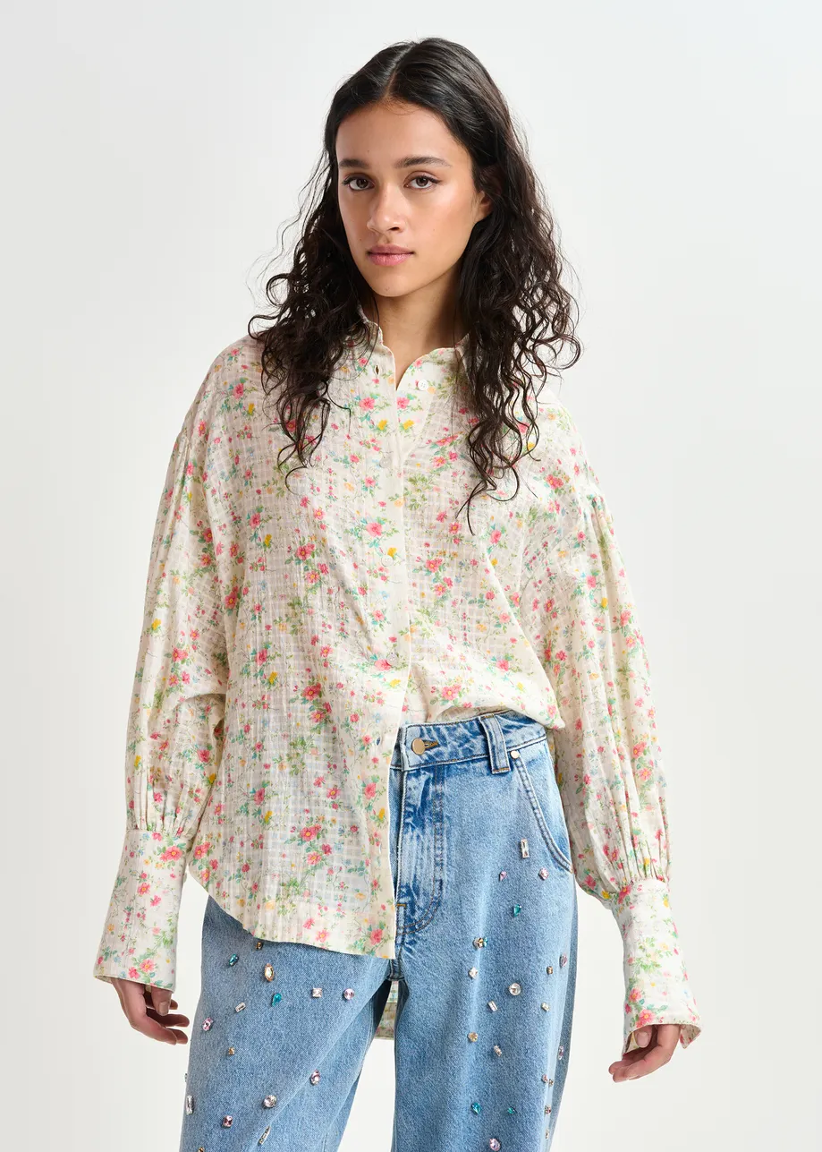 Camicia in bianco avorio, rosa e verde con stampa floreale