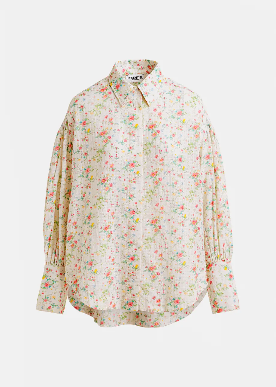 Camicia in bianco avorio, rosa e verde con stampa floreale