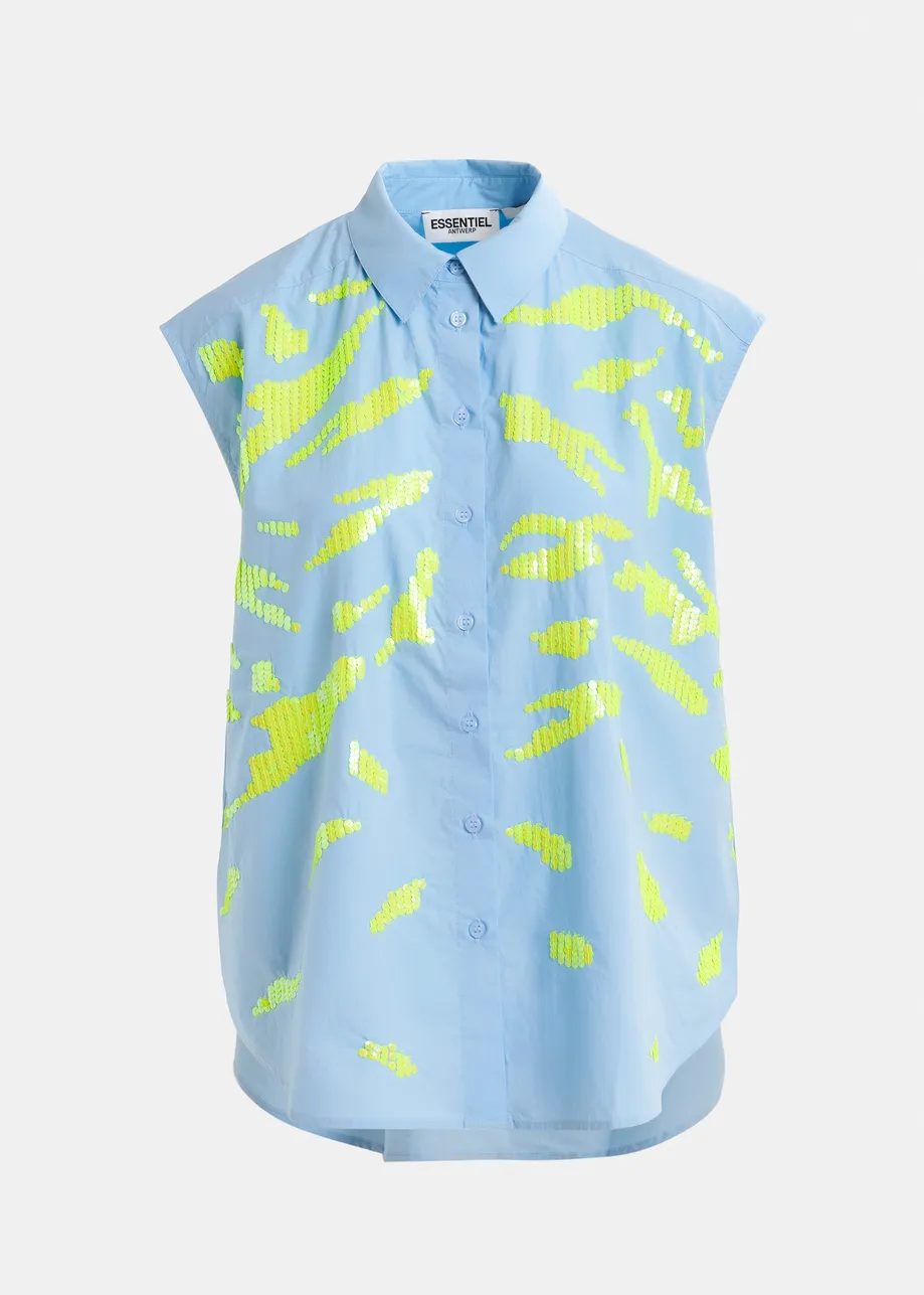 Light blue and yellow sleeveless cotton shirt with embellishments