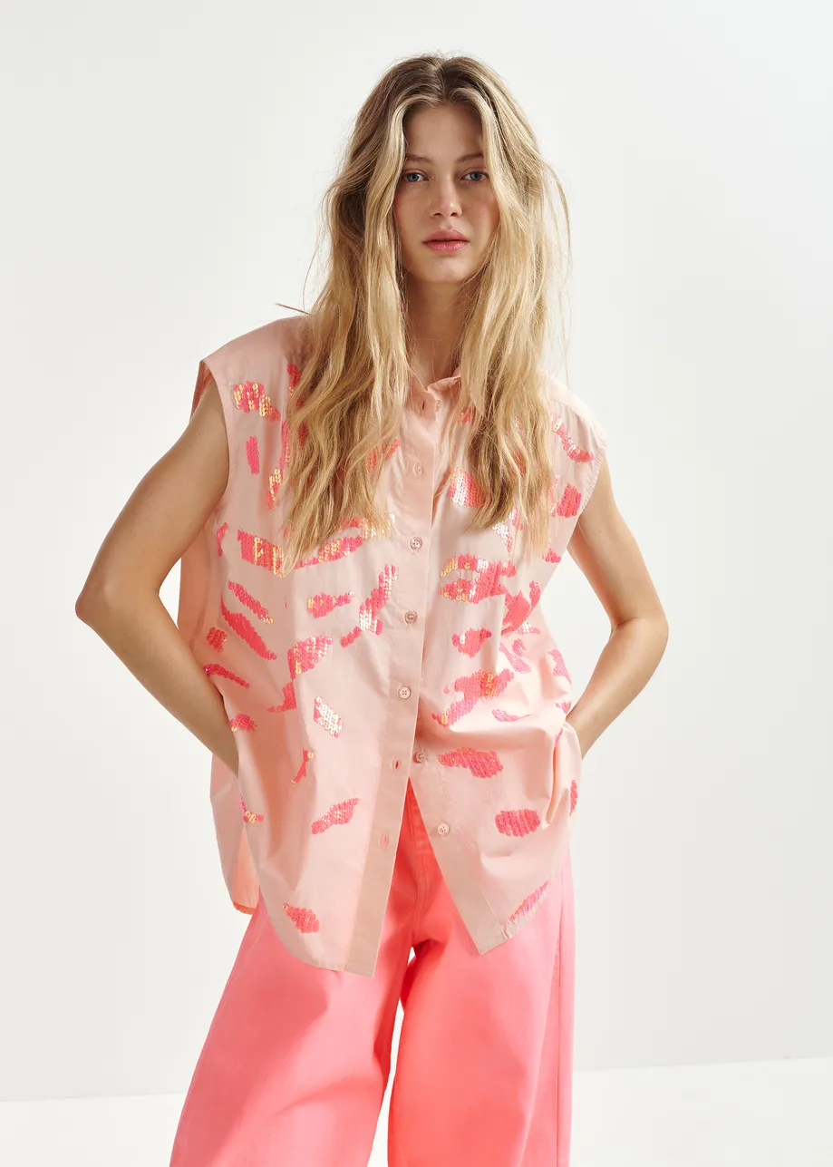 Camisa de algodón sin mangas con adornos, rosa claro y coral