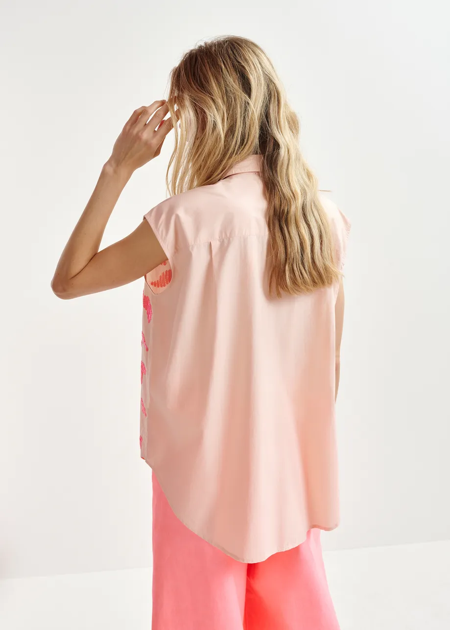 Camisa de algodón sin mangas con adornos, rosa claro y coral