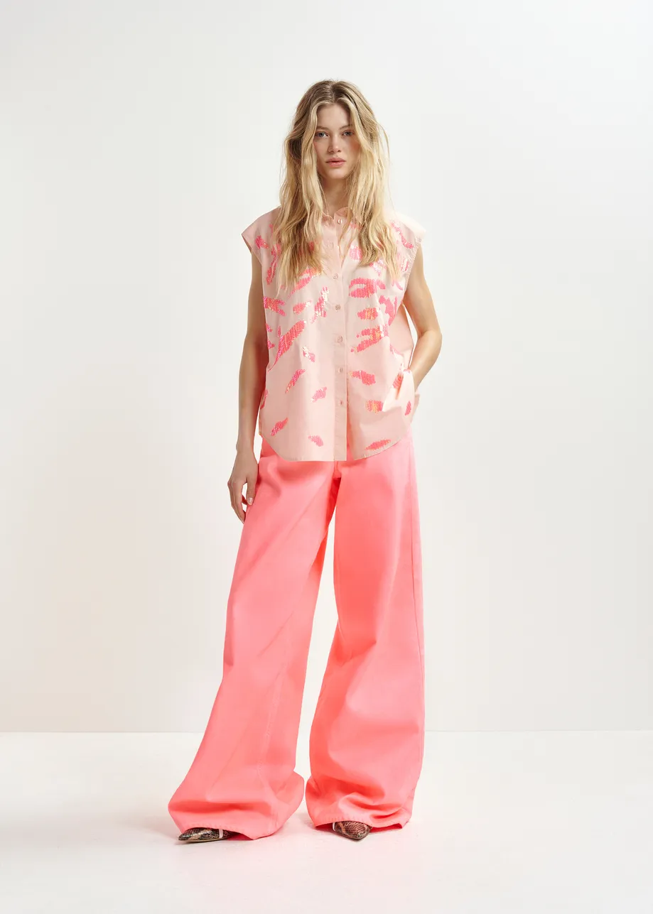 Camisa de algodón sin mangas con adornos, rosa claro y coral
