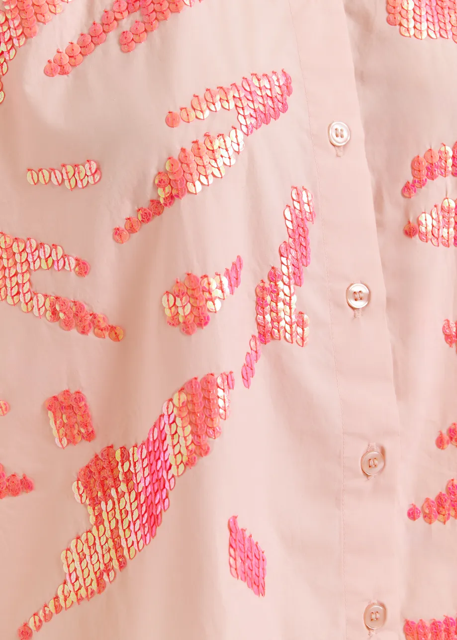 Camisa de algodón sin mangas con adornos, rosa claro y coral