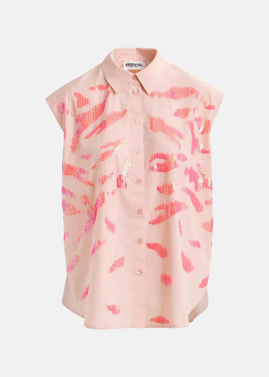 Camicia senza maniche in cotone rosa chiaro e corallo con decorazioni