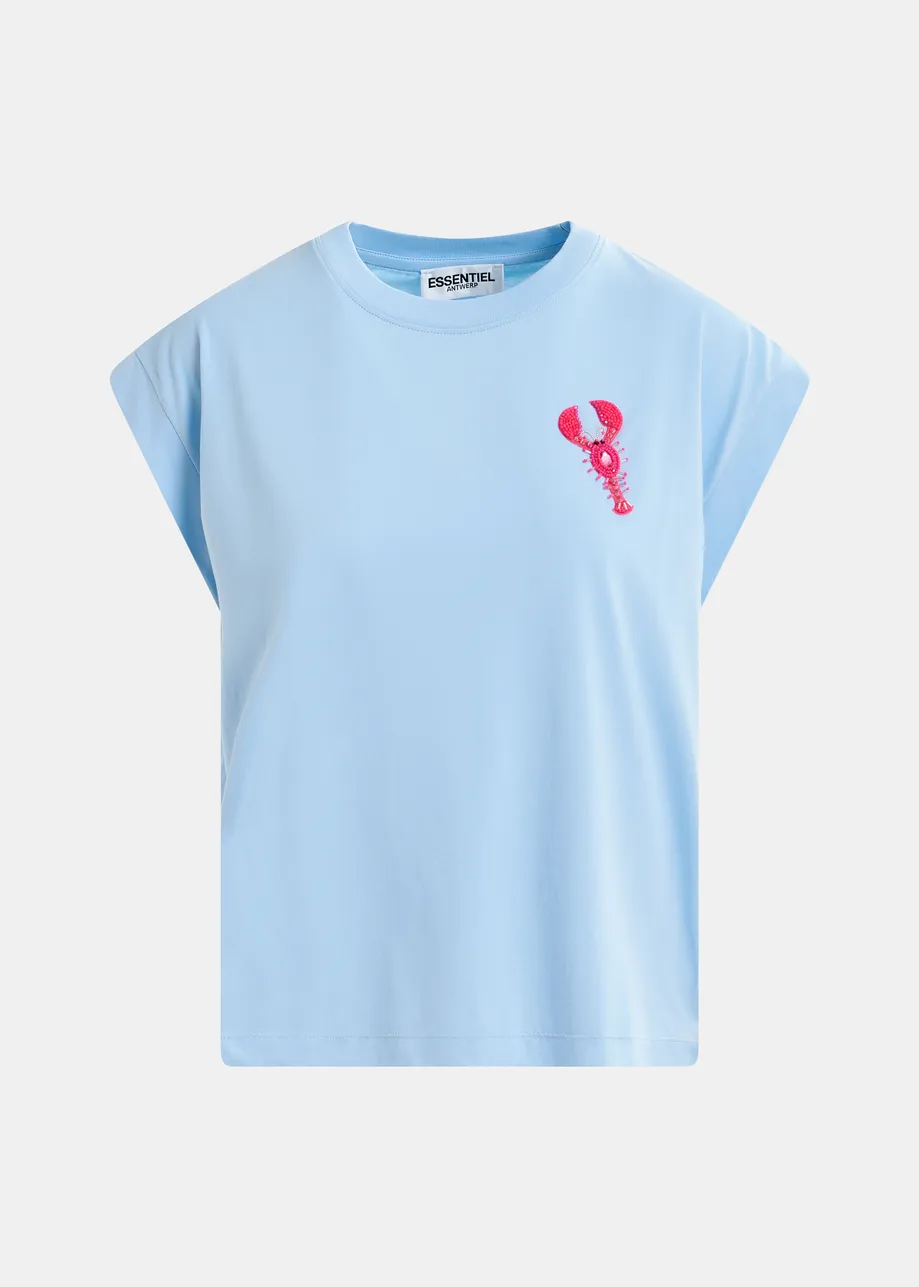 Light blue and pink organic cotton T-shirt with embroidery