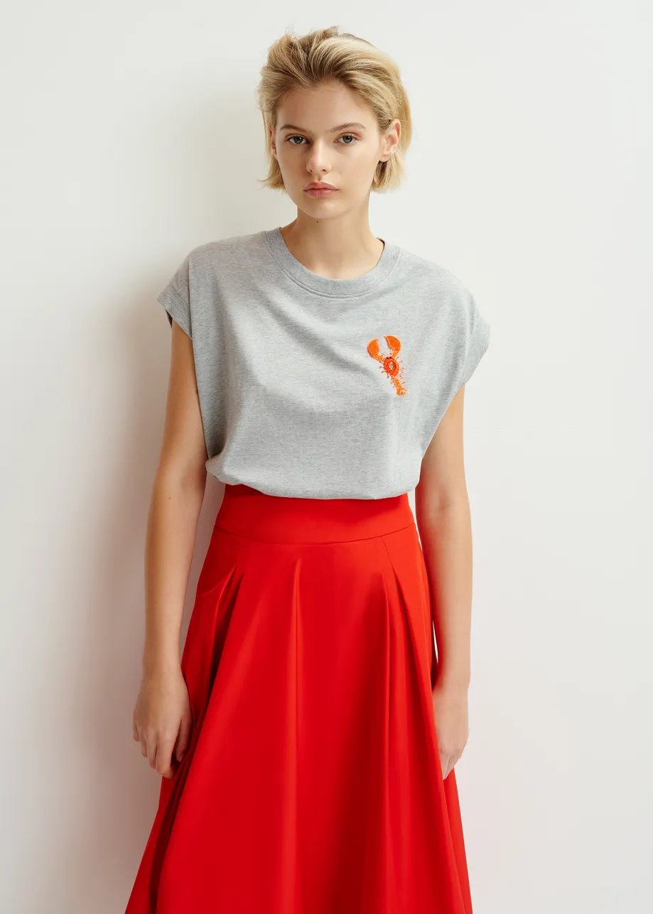 Grey and orange organic cotton T-shirt with embroidery