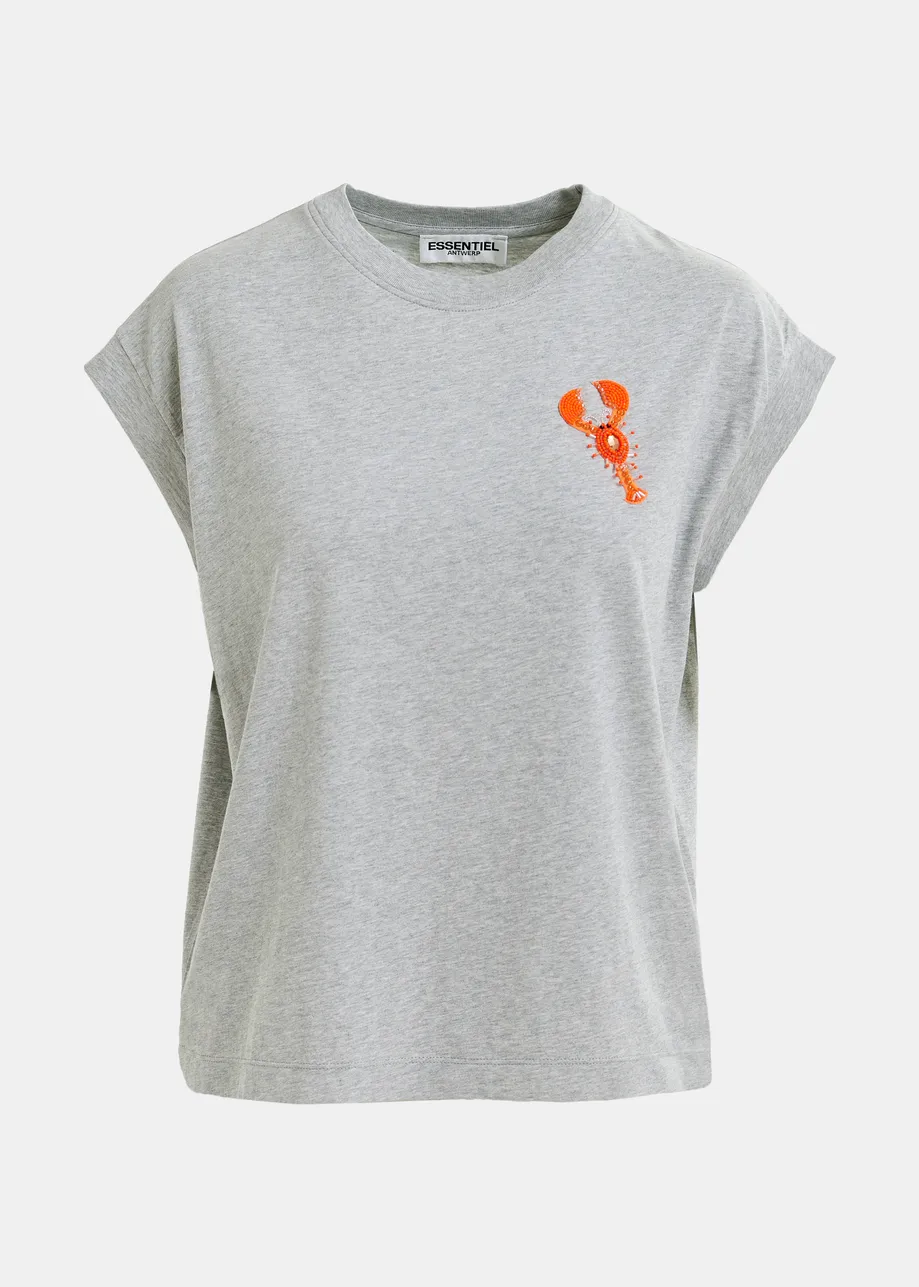 Camiseta de algodón orgánico con bordado, gris y naranja