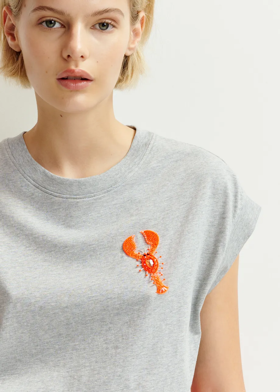 Grey and orange organic cotton T-shirt with embroidery