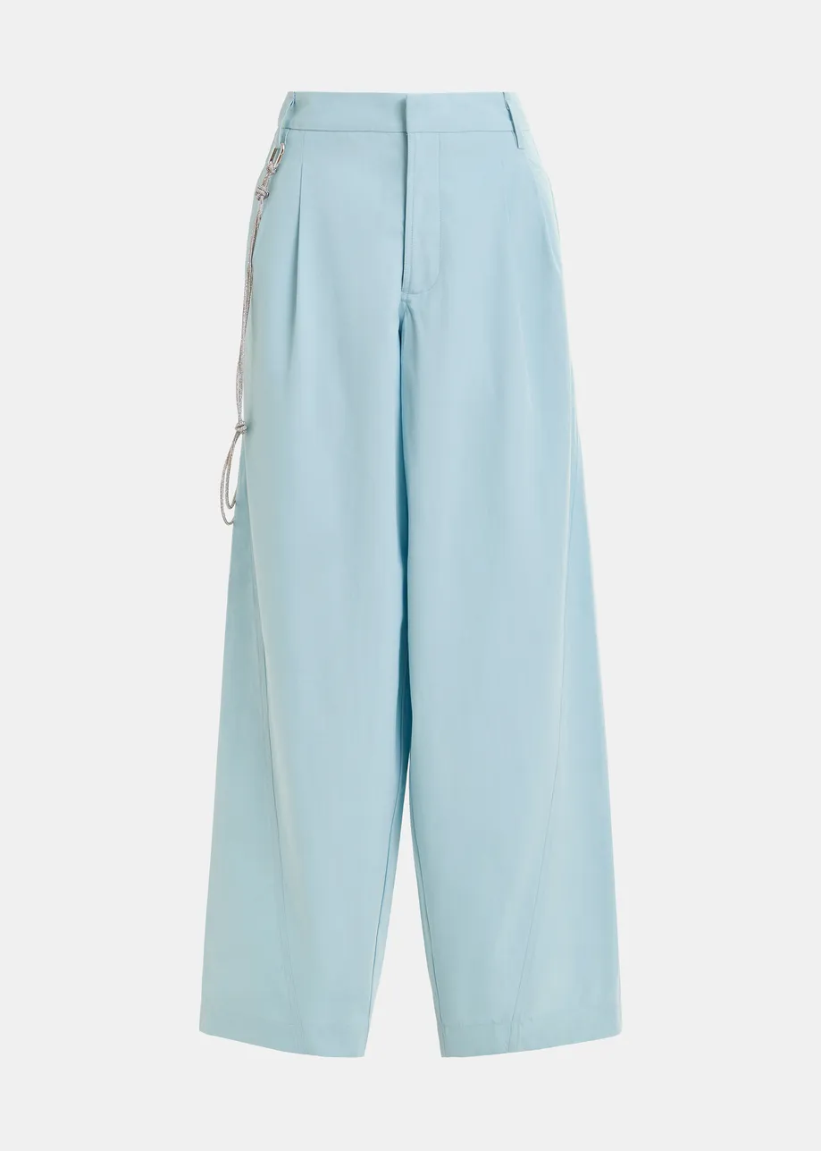 Groenblauwe tapse broek met strasriem