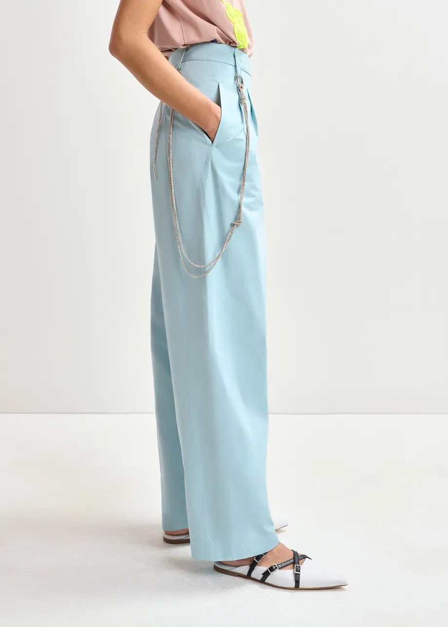 Groenblauwe tapse broek met strasriem