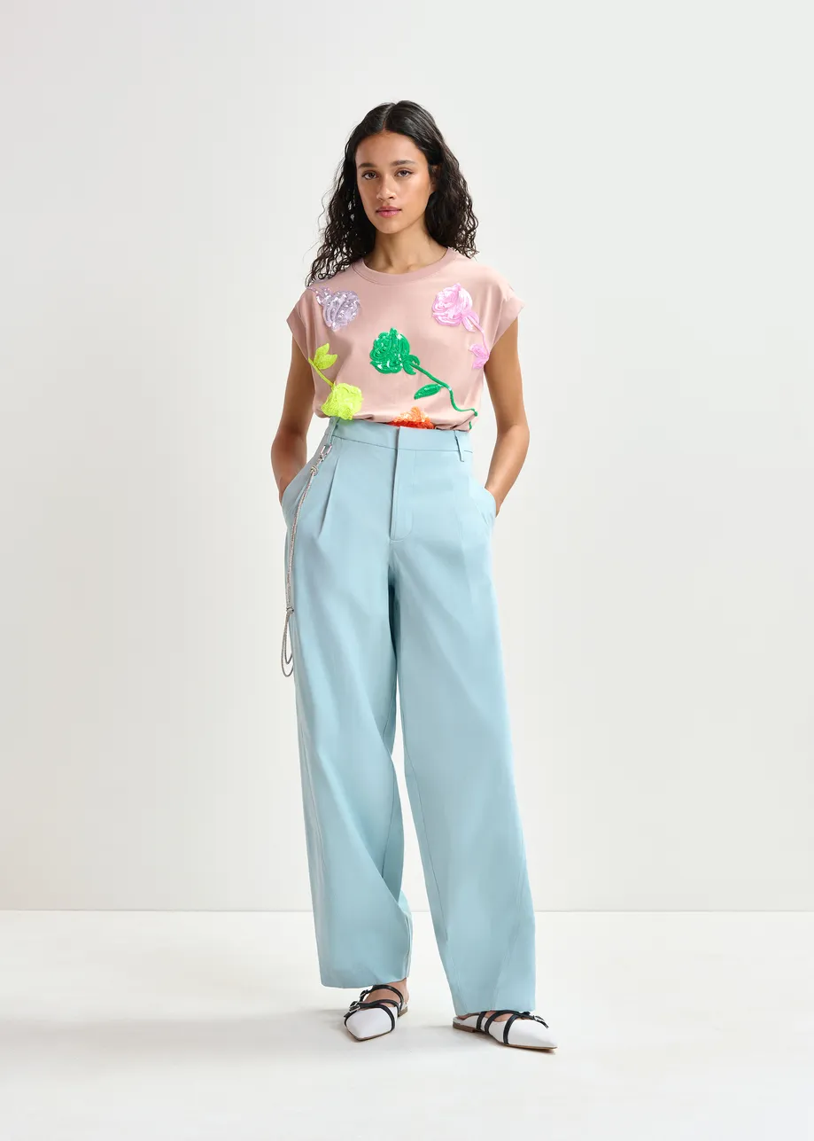 Groenblauwe tapse broek met strasriem