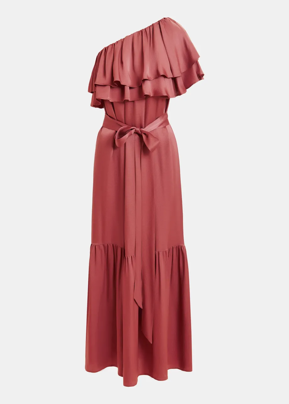 Rust red one-shoulder maxi dress with ruflles and tiered hemline