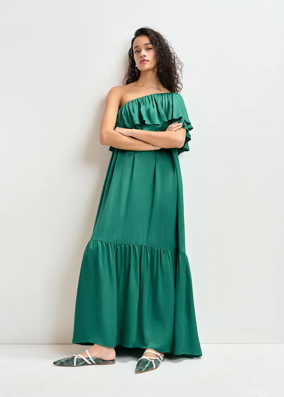 Dunkelgrünes, einschultriges Maxikleid mit Rüschen und gestuftem Saum