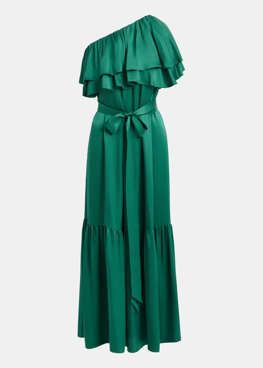 Dunkelgrünes, einschultriges Maxikleid mit Rüschen und gestuftem Saum