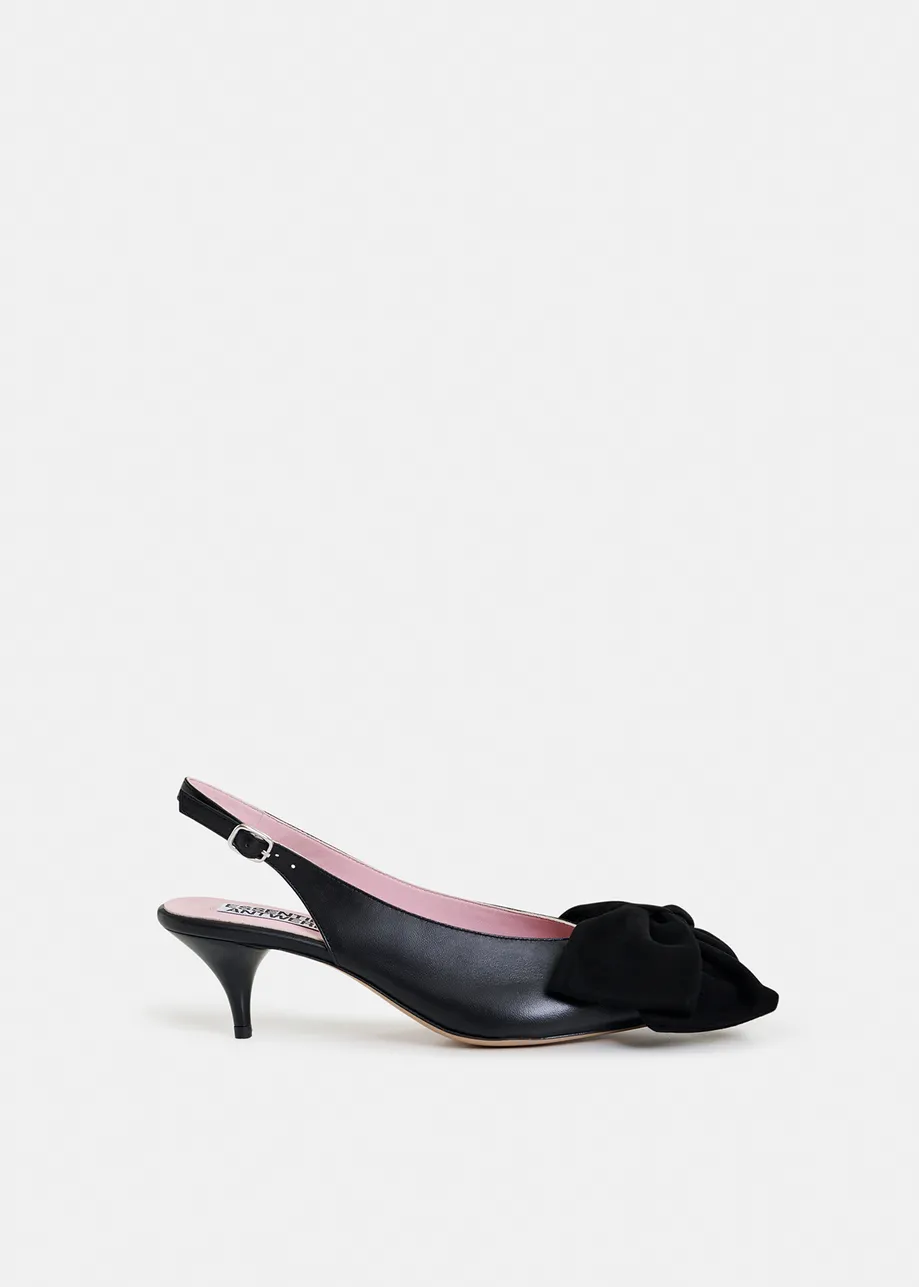 Black leather slingback pumps with bow detail