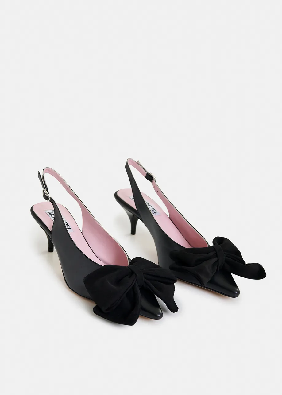 Black leather slingback pumps with bow detail