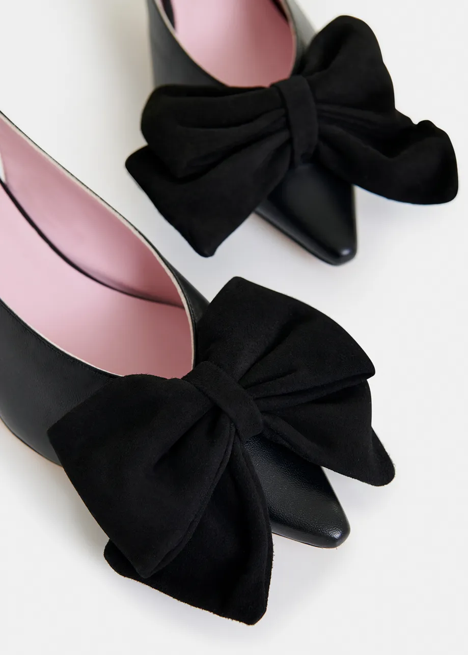 Black leather slingback pumps with bow detail