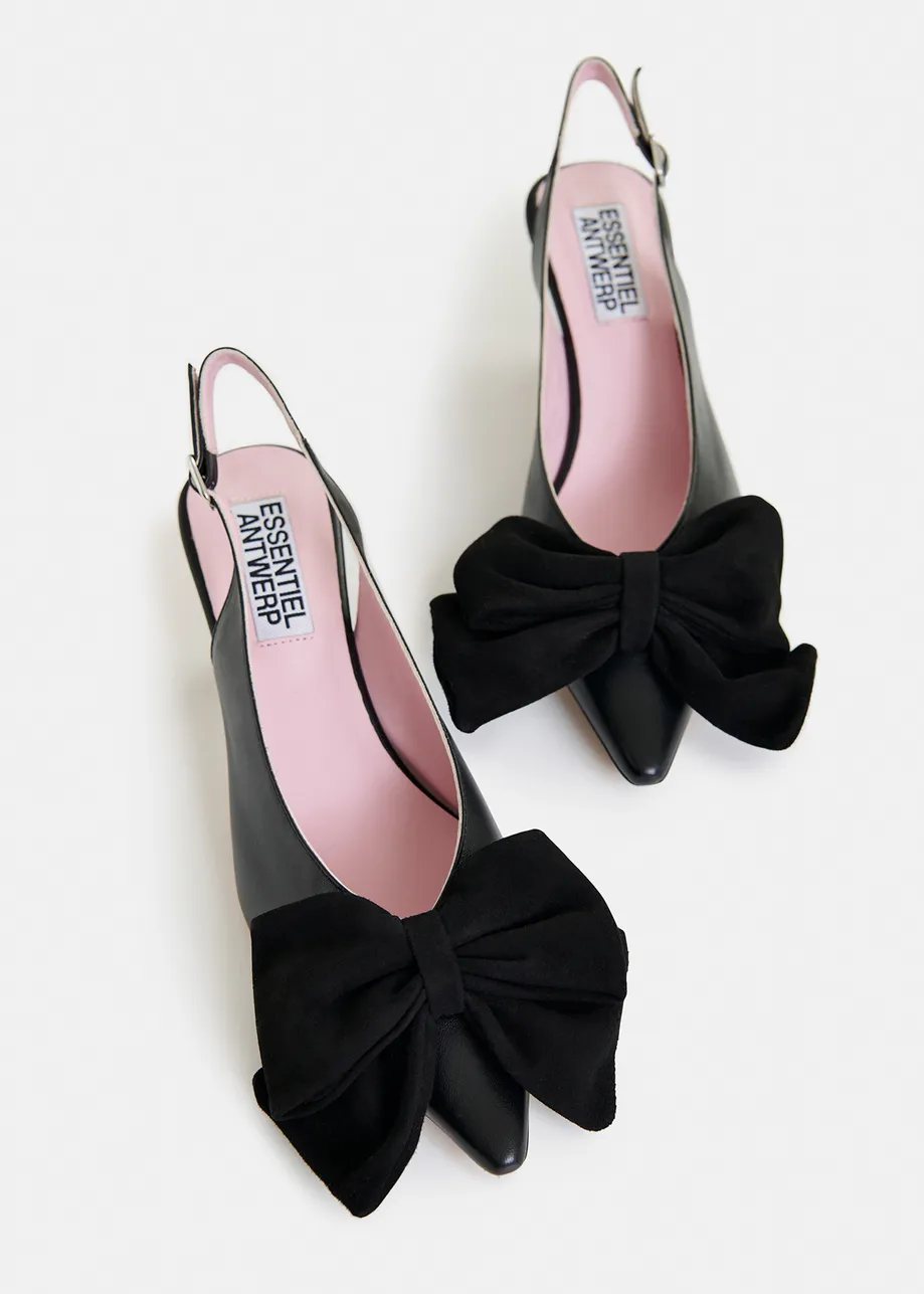 Black leather slingback pumps with bow detail