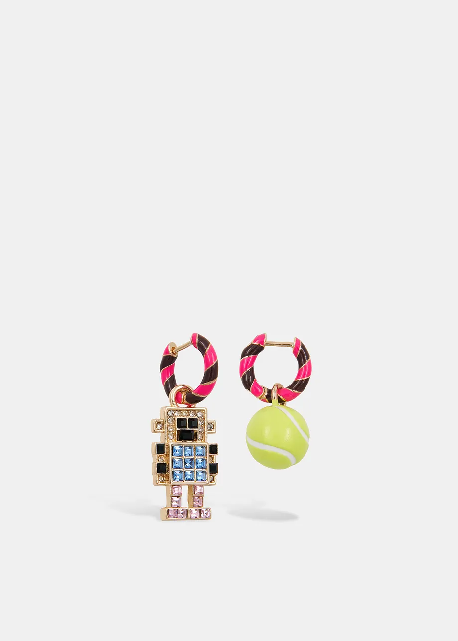 Hoop earrings with robot and tennis ball pendants