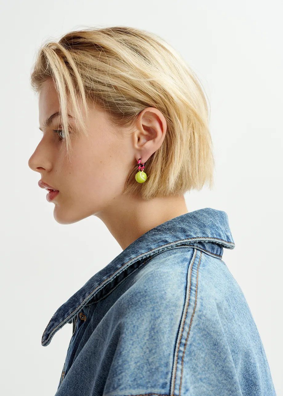 Hoop earrings with robot and tennis ball pendants