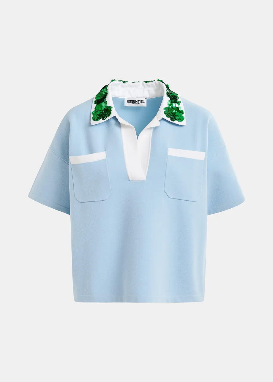 Blauwe, witte en groene polo met sierkraag