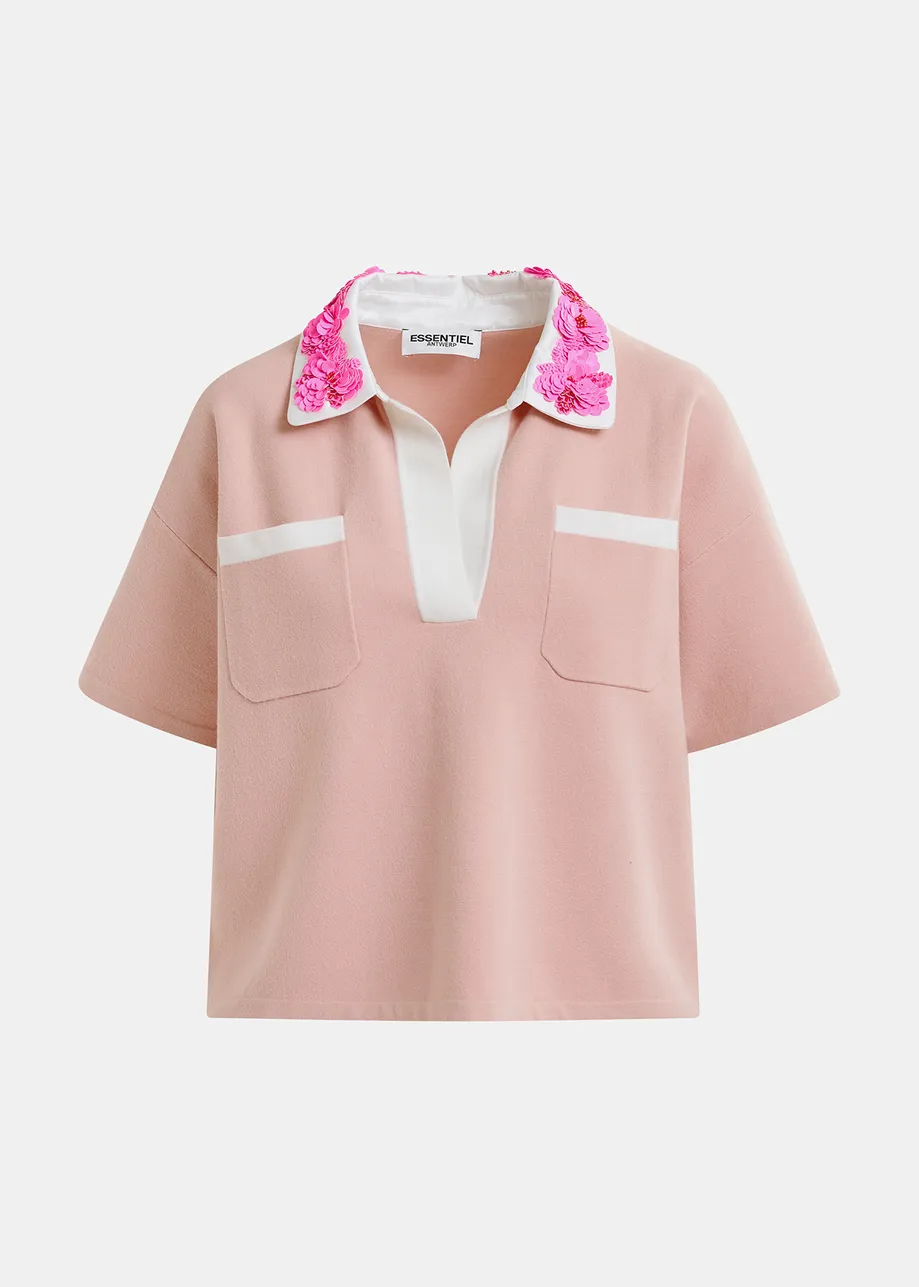 Light pink, bright pink and white polo top with sequin and bead embellishments