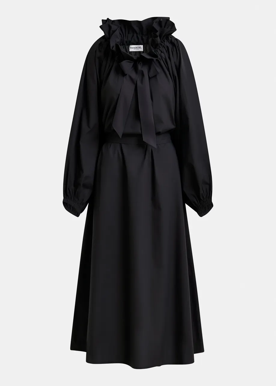 Schwarzes Baumwoll-Maxikleid mit voluminösen Ärmeln und verstellbarem Ausschnitt