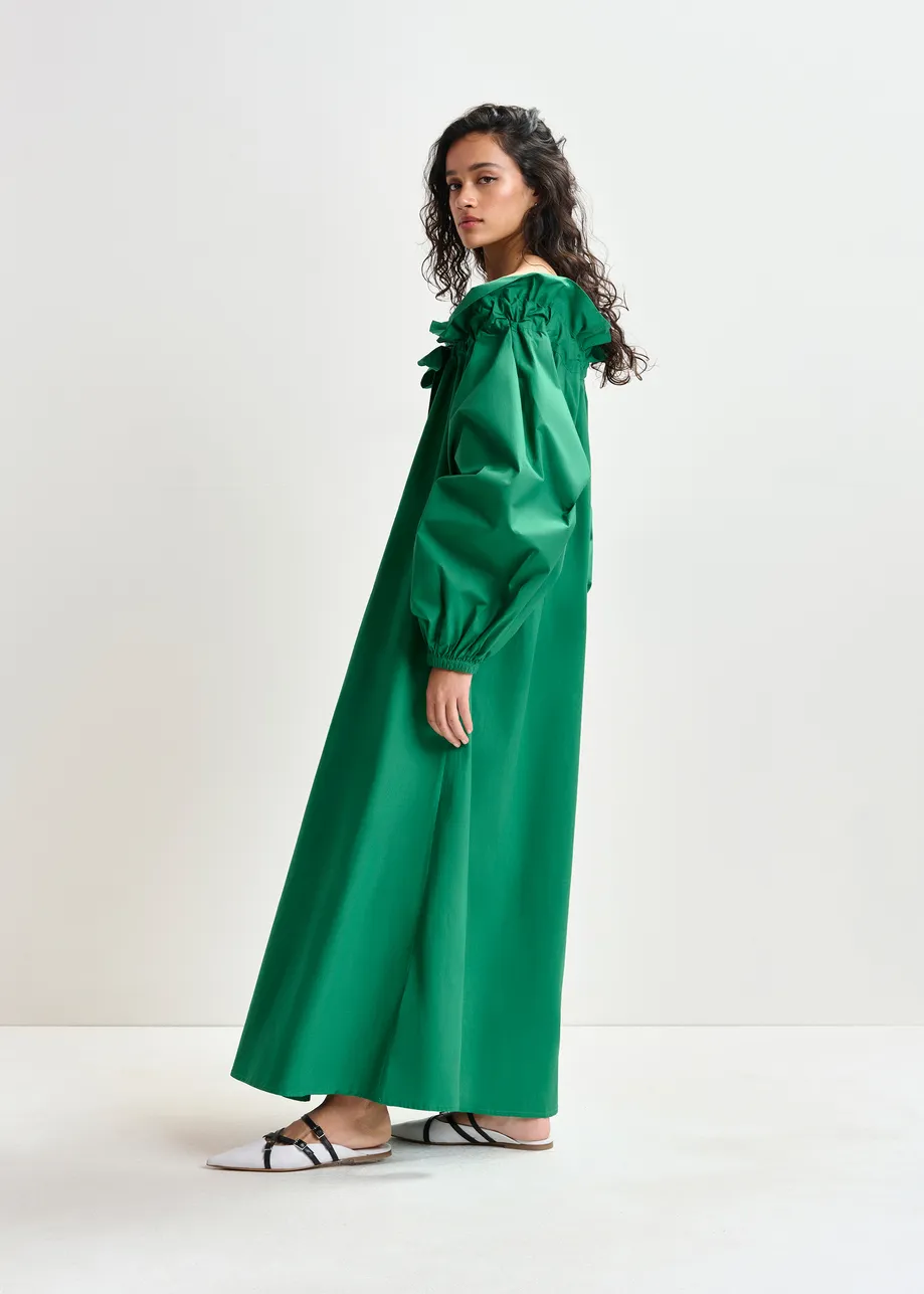 Green cotton maxi dress with voluminous sleeves and adjustable neckline
