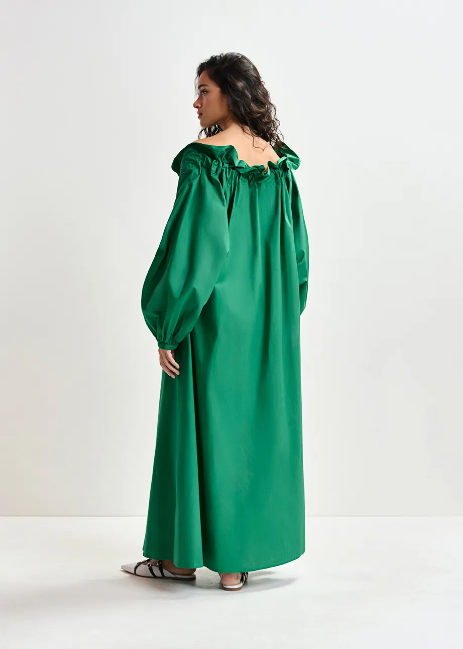 Green cotton maxi dress with voluminous sleeves and adjustable neckline