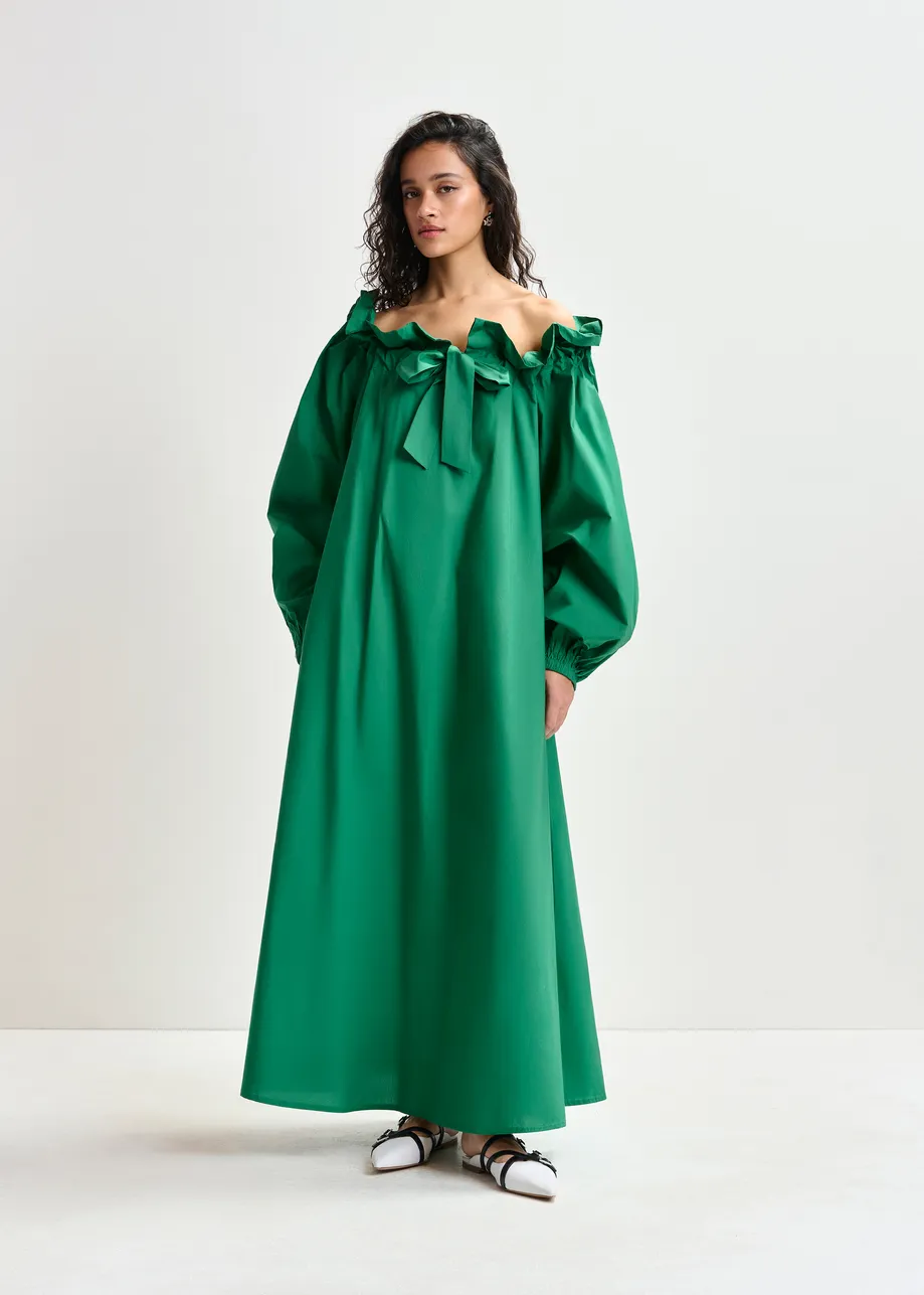 Grünes Baumwoll-Maxikleid mit voluminösen Ärmeln und verstellbarem Ausschnitt