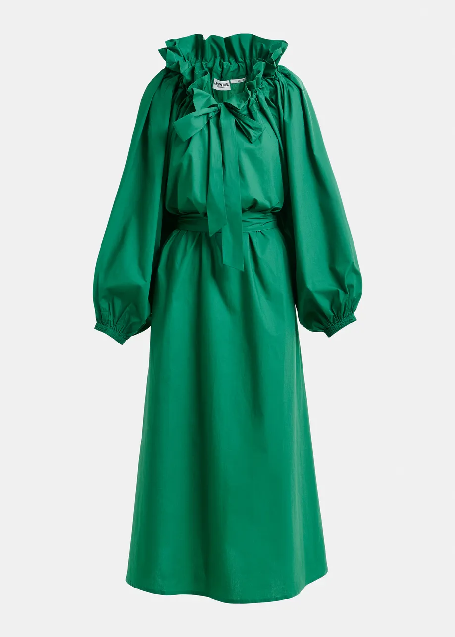 Green cotton maxi dress with voluminous sleeves and adjustable neckline