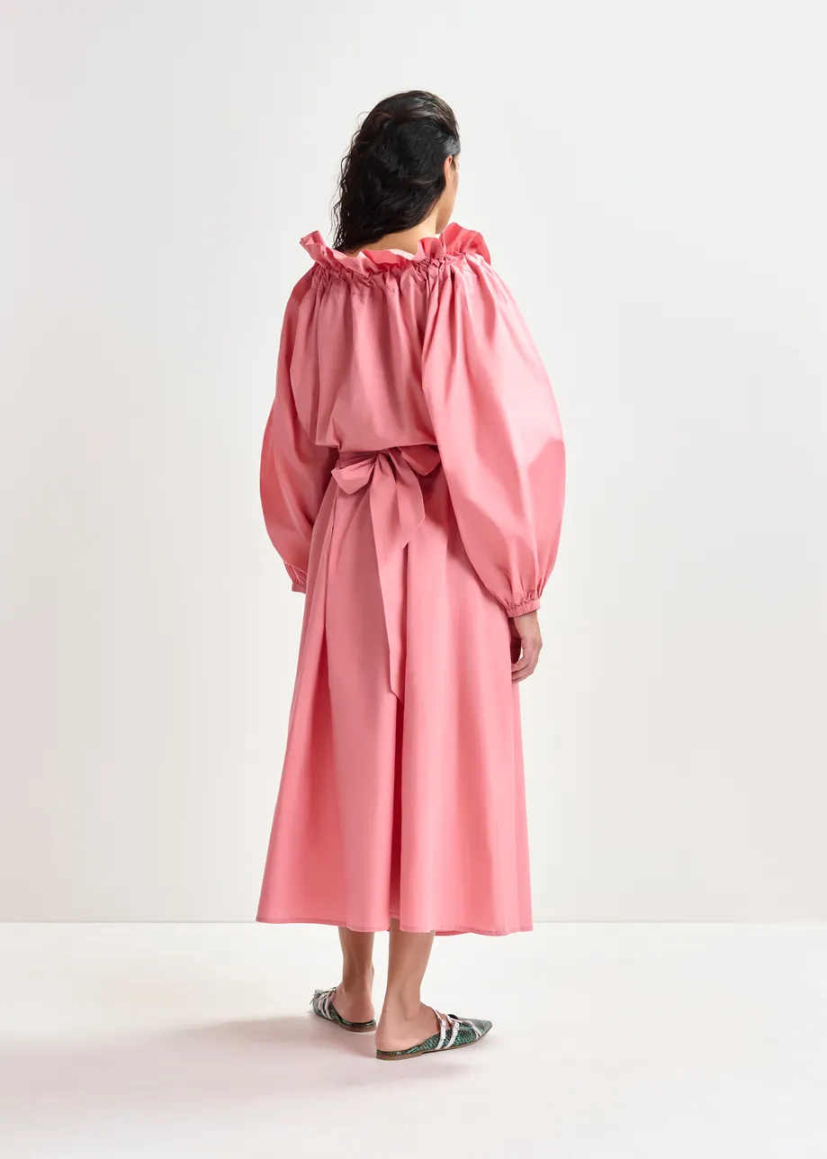Pink cotton maxi dress with voluminous sleeves and adjustable neckline