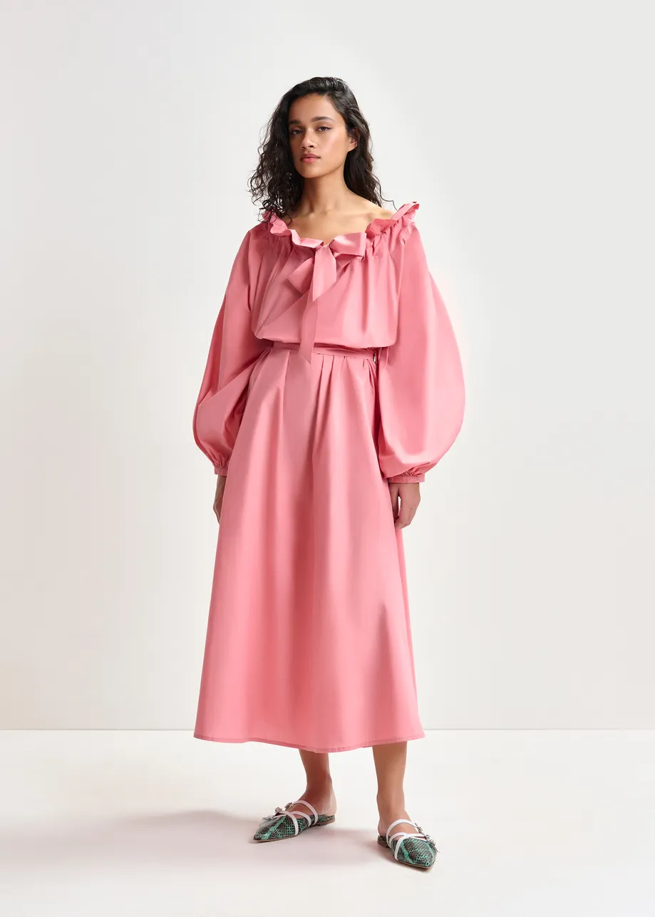 Vestido largo de algodón con mangas voluminosas y escote ajustable, rosa