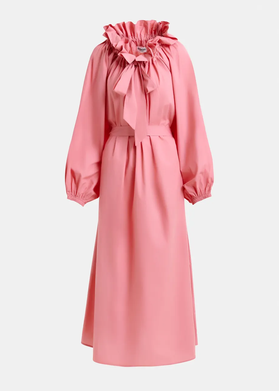 Vestido largo de algodón con mangas voluminosas y escote ajustable, rosa