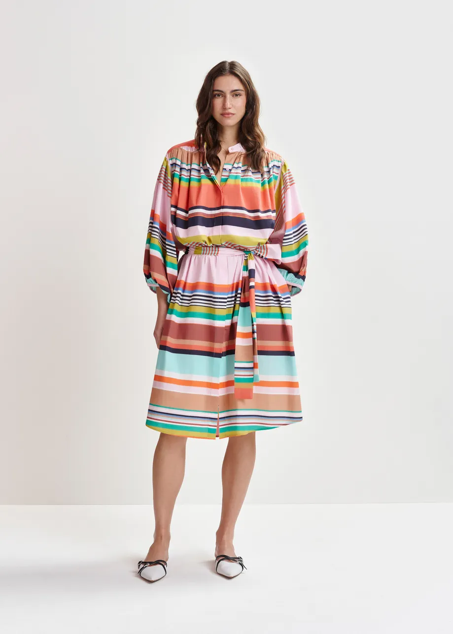 Multicolor striped knee-length dress with mandarin collar