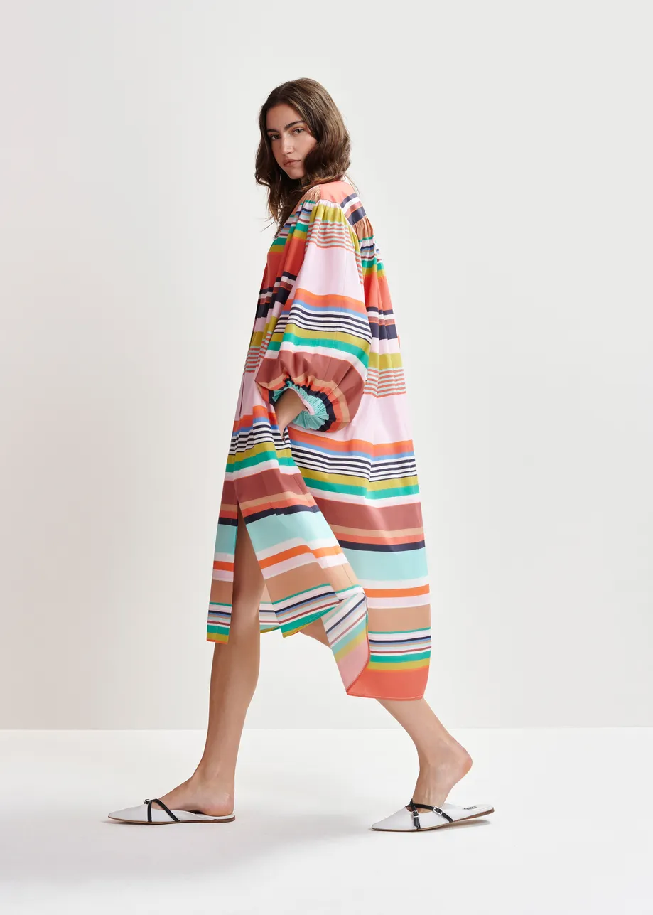 Multicolor striped knee-length dress with mandarin collar