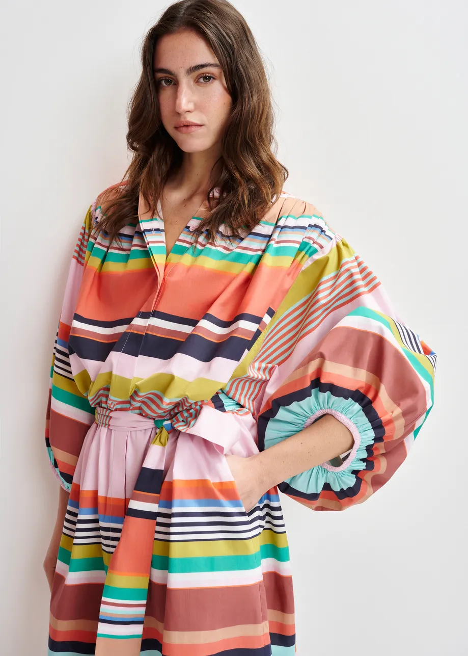 Multicolor striped knee-length dress with mandarin collar