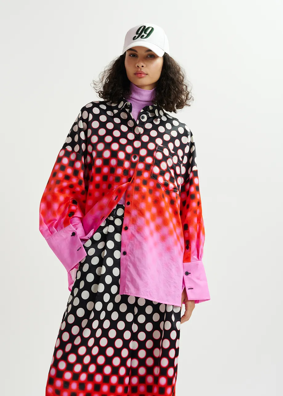 Black, red and pink printed oversized satin shirt