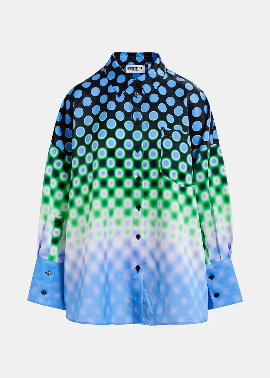 Black, blue and green printed oversized satin shirt