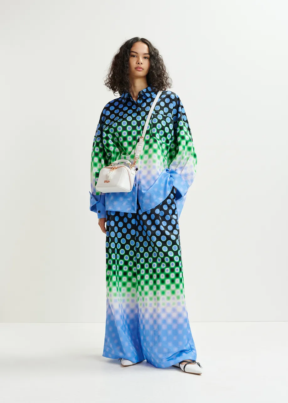 Black, blue and green printed oversized satin shirt