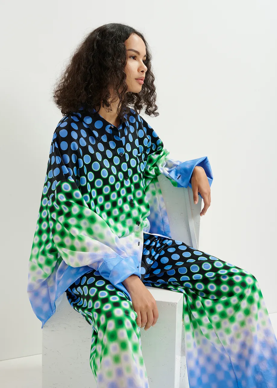 Black, blue and green printed oversized satin shirt