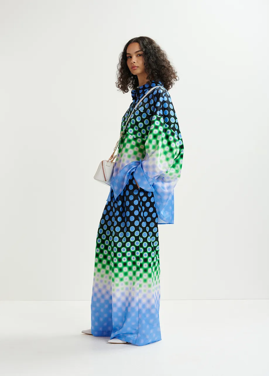 Zwart, blauw en groen satijnen overhemd met print