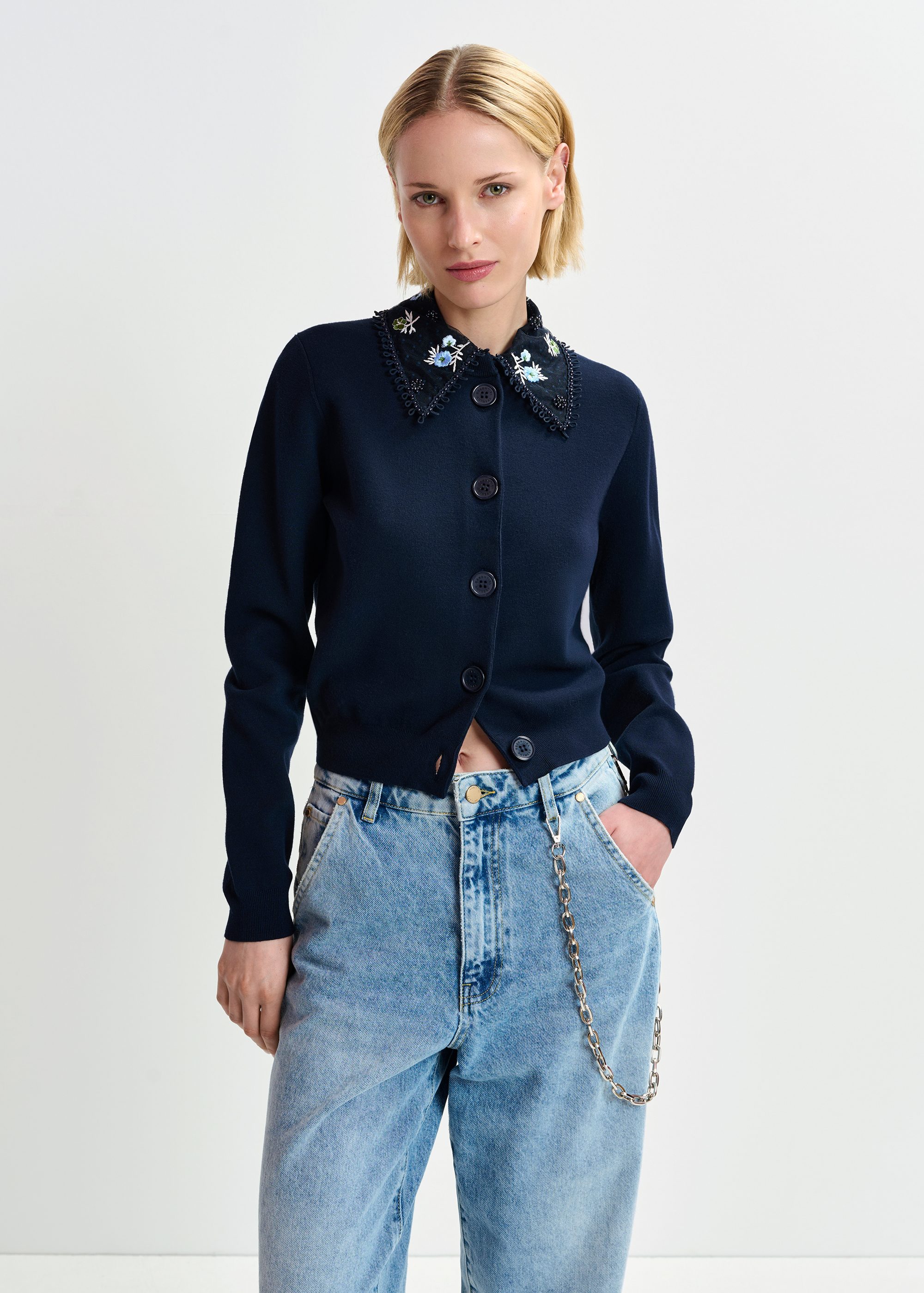 Dark blue, white and light blue cardigan with embroidered lace